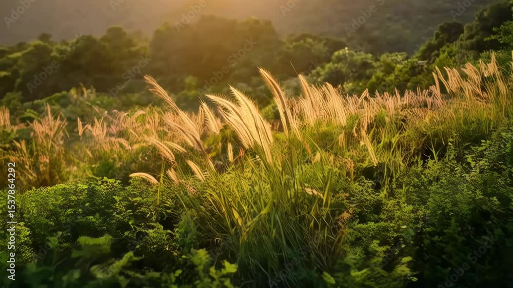 Poster golden sunlight shining on grass plumes in a field with blurred mountains in the background creating