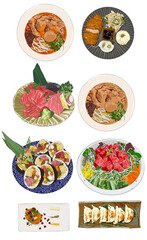후토마키, 회덮밥, 라멘, 돈가스, 군만두등 일식메뉴 그림