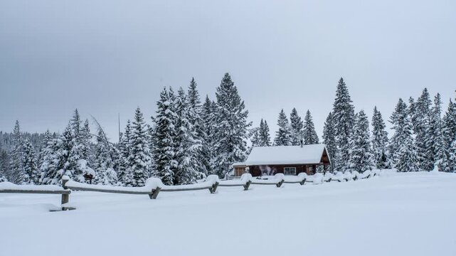 Cabin in deep snow timelapse