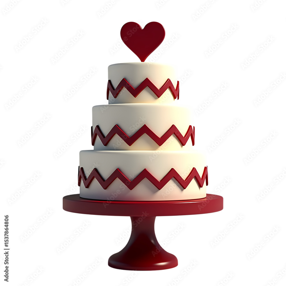 Poster a three tiered cake with red zigzags and heart on a red stand isolated on transparent background