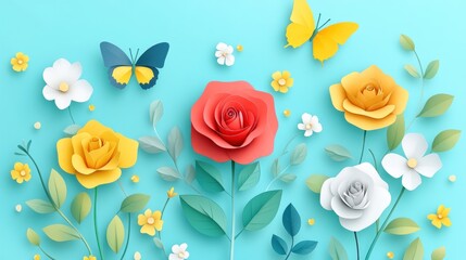 Colorful paper flowers and butterflies on a light blue background.