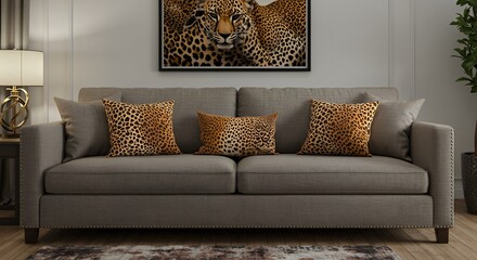 Leopard print pillows on gray sofa in living room