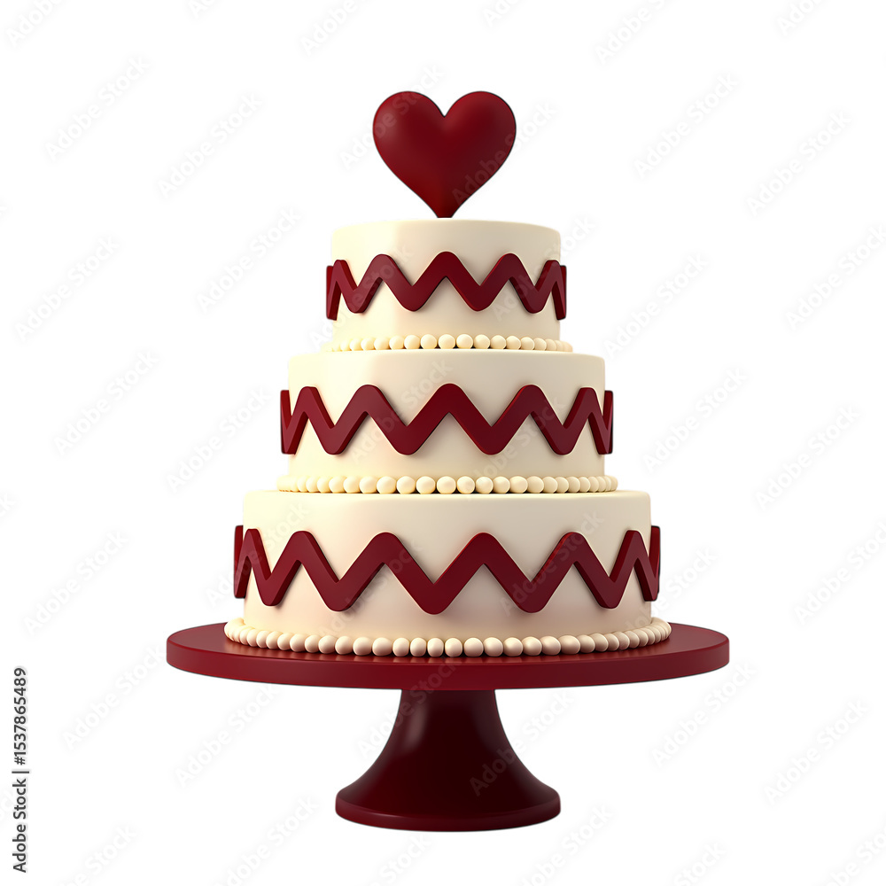 Poster three tier cake with red heart topper on a matching cake stand isolated on transparent background