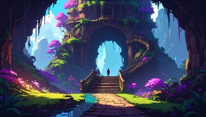 レトロゲーム風の自然なピクセルアート背景（神秘の遺跡と光の渓谷） Generative AI