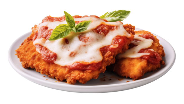 Chicken parmesan with tomato sauce and melted mozzarella on white plate