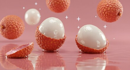 Fresh Lychee Fruits Floating on a Pink Background with Water Droplets and Glitter
