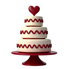 A three tier cake with red heart on top  isolated on transparent background