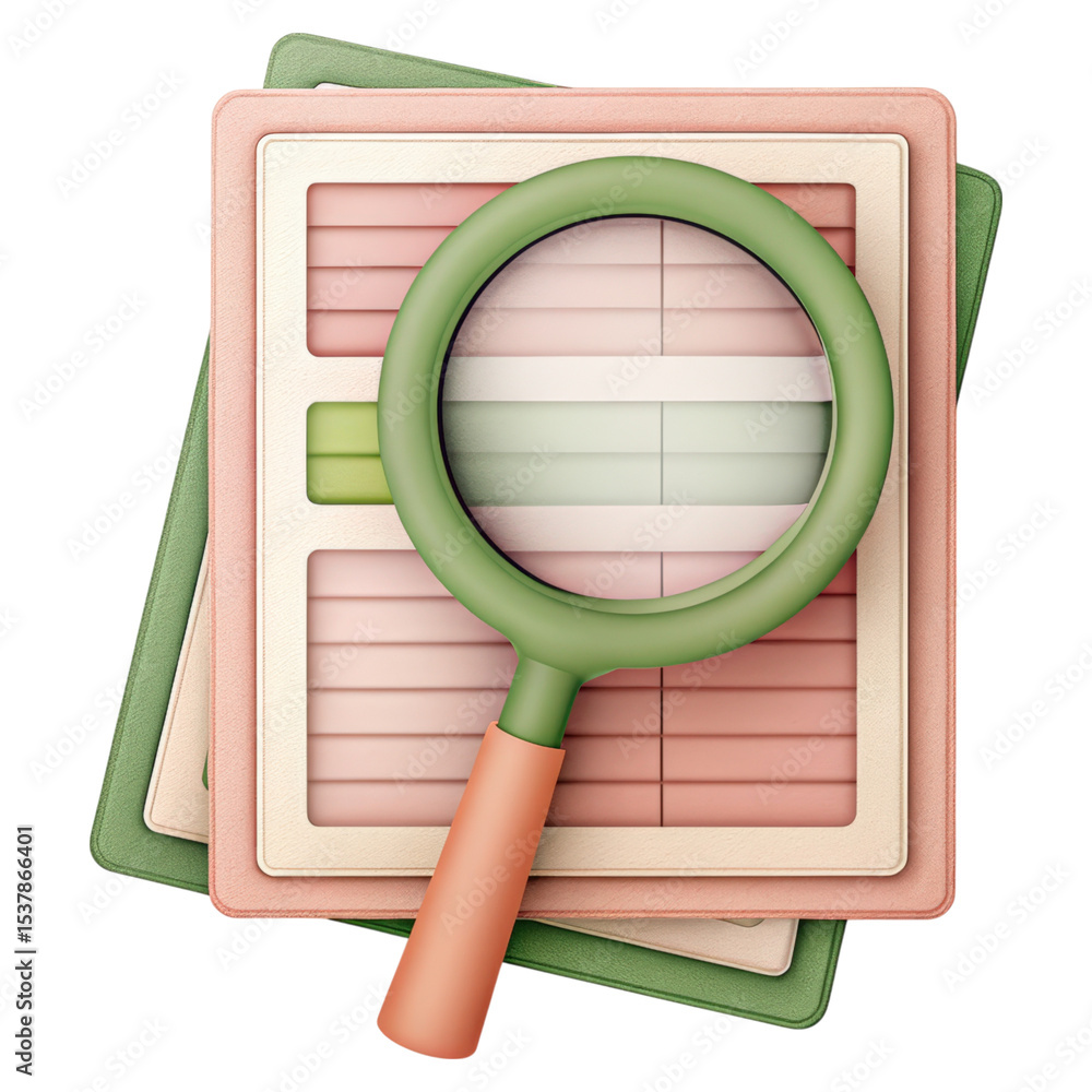 Poster a green and peach magnifying glass enlarges a color-coded spreadsheet with pink and green sections o
