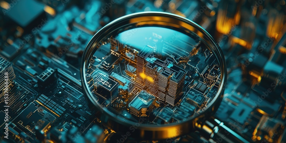 Poster A magnifying glass inspecting network components, symbolizing the investigation of network problems