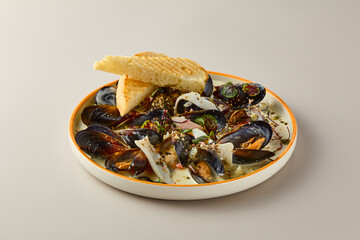 Gourmet Mussels in Cream Sauce Minimalist Elegance with Soft Lighting and Neutral Tones