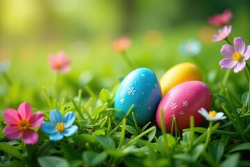 Fototapeta premium Vibrant painted eggs in grass, spring flowers , pastel, Easter eggs