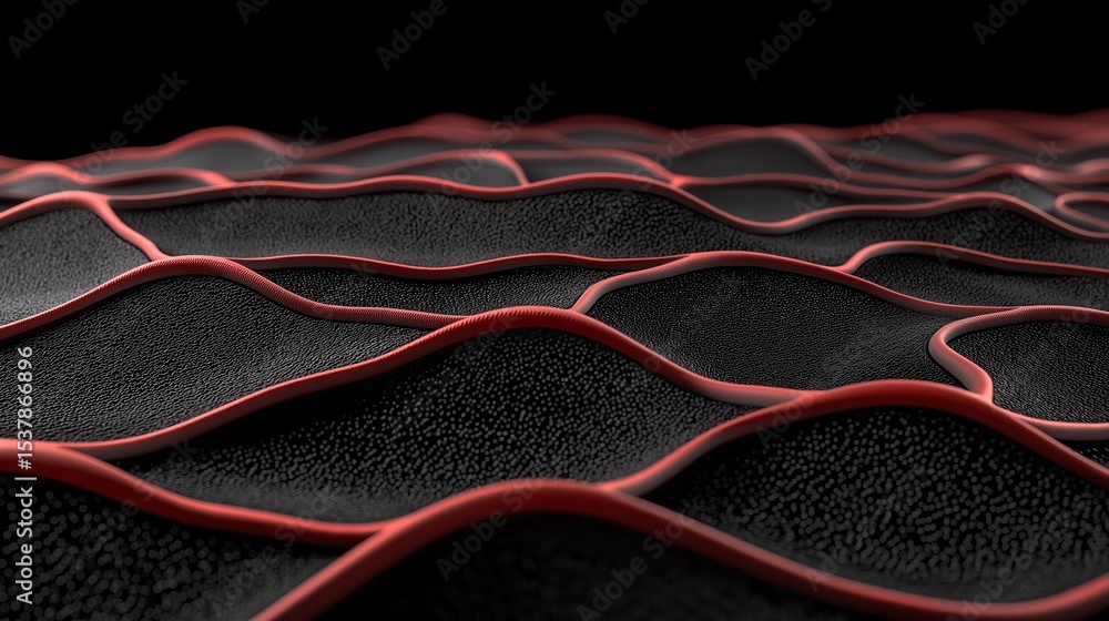 Poster abstract waves in black and red, flowing surface texture with smooth curves and depth illusions