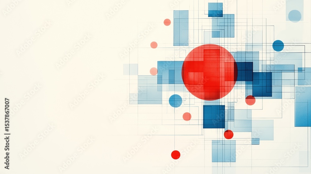 Poster abstract design with red circle and blue squares on light background for modern artistic projects
