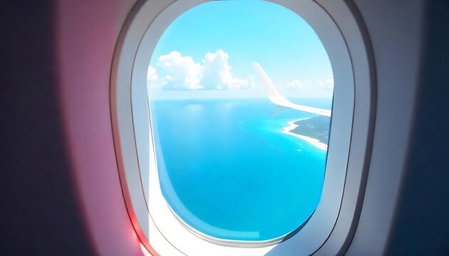 Fototapeta Stunning Aerial View of Turquoise Ocean Coastline Seen from Airplane Window During Flight Travel