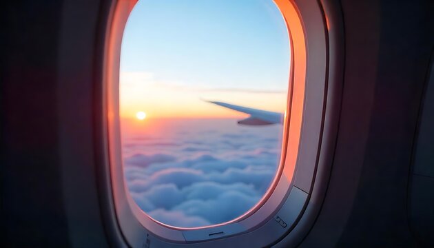 Stunning sunset view from airplane window above cloudscape during flight travel