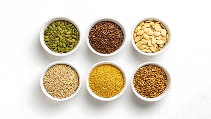 Assorted healthy seeds and grains in six white ceramic bowls arranged on white background
