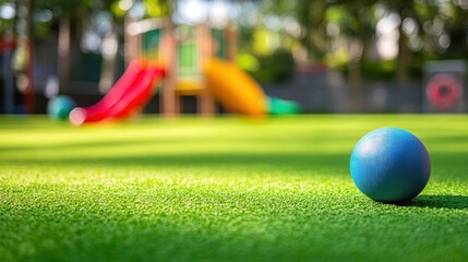 Naklejka premium Turf Playground. Colorful Ball on Green Surface for Play at School Park