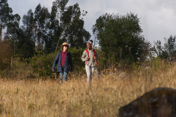 Fototapeta premium Hikers walking through tall grass in nature preserve