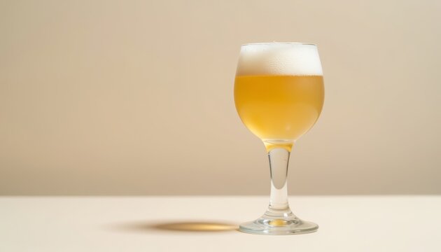 Golden ale in glass goblet with foam against neutral background  