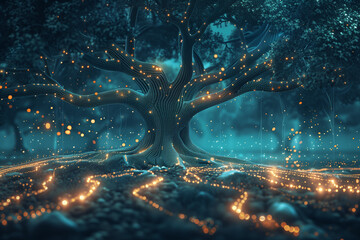 A futuristic world where glowing nature and high technology merge into a serene, sustainable digital ecosystem.