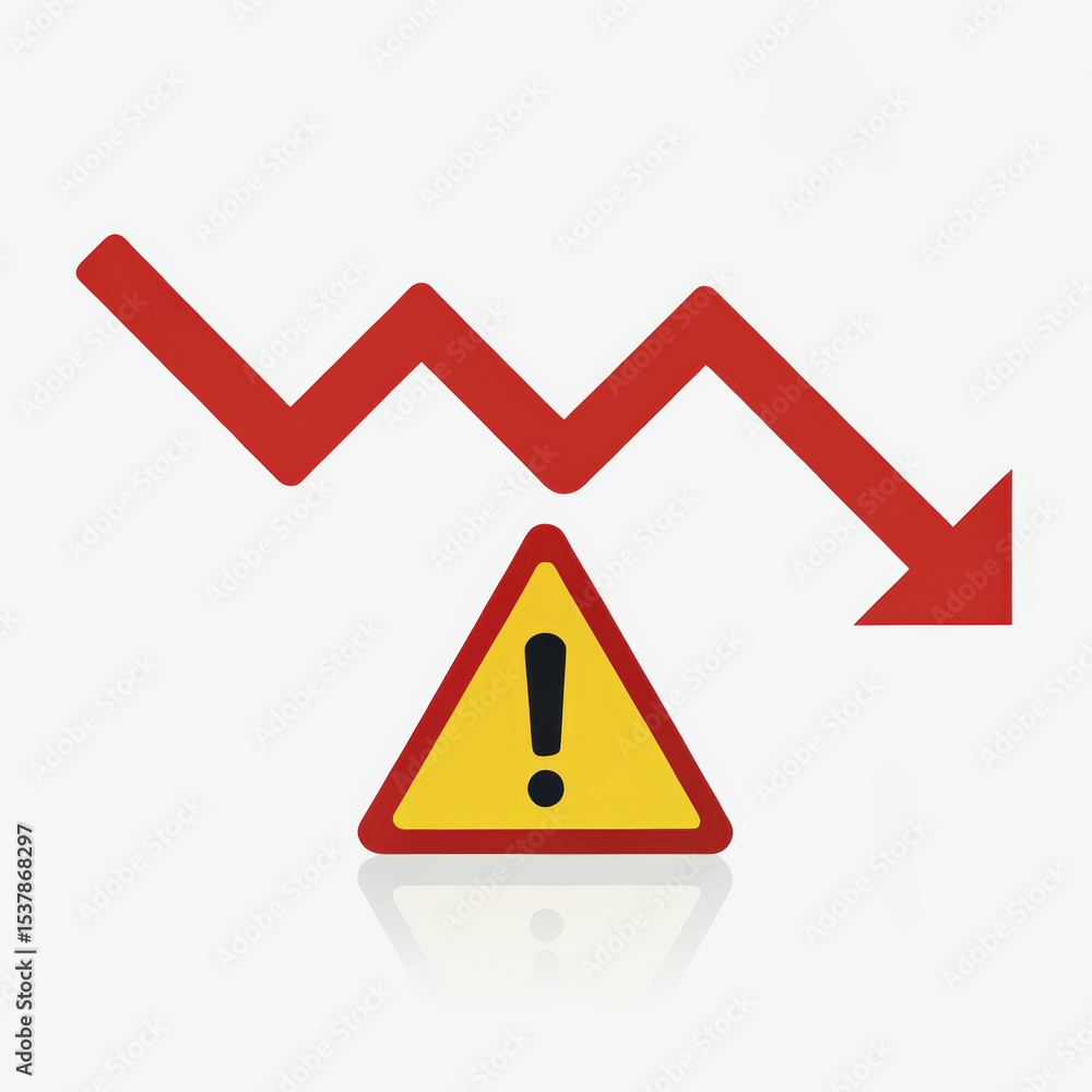 Poster a red, zigzag downward arrow above a yellow warning triangle with an exclamation mark, symbolizing a