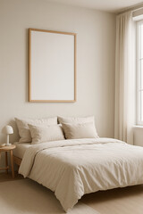 Frame mockup with natural wood frame above bed in minimalist bedroom with soft natural lighting.
