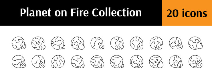 Planet on Fire Line Icon Bundle. Outline Signs for Graphic and Web Design, Apps, Adverts, Various Cards