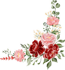 Fototapeta premium Watercolor Corner Bouquet: Burgundy & Blush Peonies with Greenery