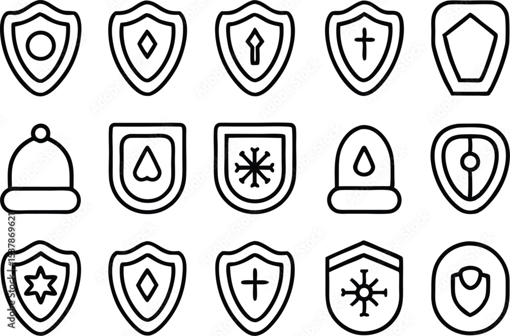 Poster protective wards outline icon set for safety and security applications isolated on transparent backg