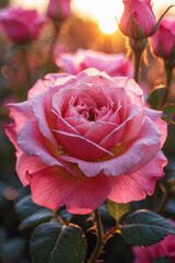 Macro image of blooming pink rose flower in natural light during golden afternoon garden sunshine aesthetic floral photography for wallpaper background