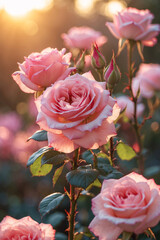 Golden sunlight casts glow on pink rose bloom captured in macro photography during afternoon garden aesthetic floral photography for wallpaper background