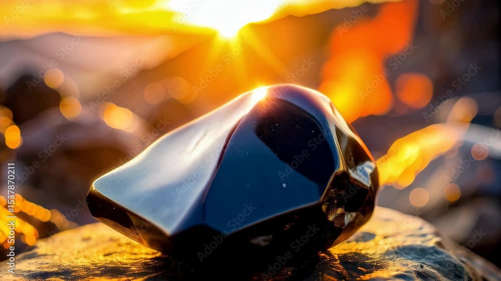 Poster Shiny black obsidian stone resting on textured rock surface with golden sunlight and soft blurred abstract background
