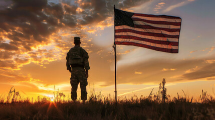Silhouette of a Soldier at Sunset with American Flag A Patriotism Image