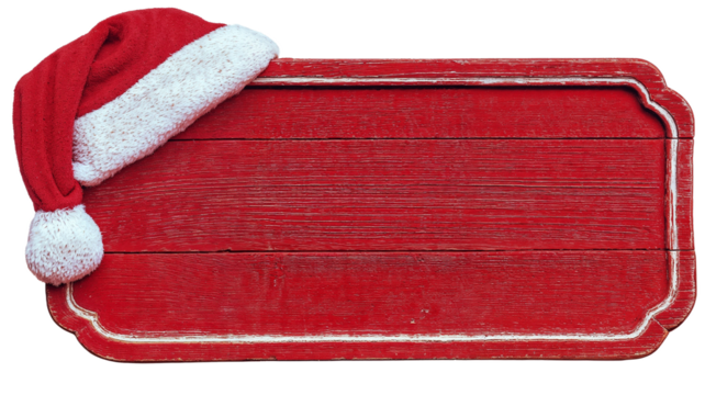 Empty red wooden sign with Santa Claus hat in corner, perfect for holiday messages, Christmas announcements, or festive greeting displays