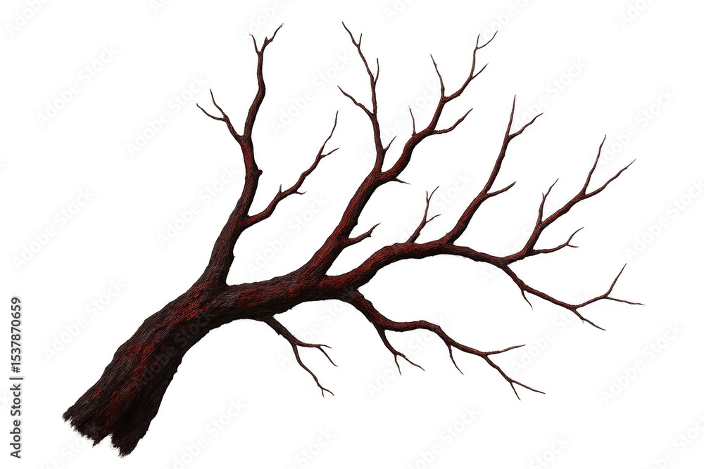 Poster photorealistic 3d rendering of a red bare tree branch extending into the frame, set against a transp