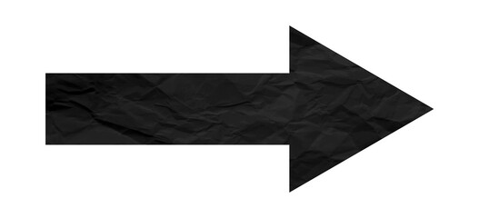 Black crumpled paper arrow isolated on transparent background.