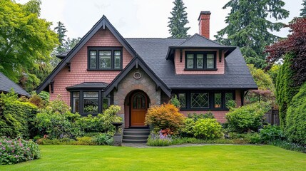 Charming Pink House with Lush Landscaping, showcasing beautiful architecture, vibrant gardens, and a manicured lawn. Perfect for real estate, home design, and lifestyle publications, silhouette