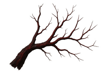 Photorealistic 3d rendering of a red bare tree branch extending into the frame, set against a transparent background