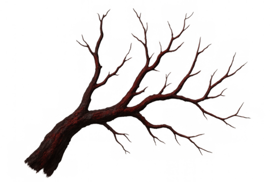 Photorealistic 3d rendering of a red bare tree branch extending into the frame, set against a transparent background