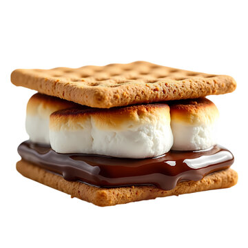 A close up of a s more with graham crackers and marshmallows isolated on transparent background