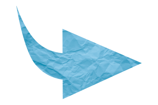 Light blue crumpled paper arrow isolated on transparent background