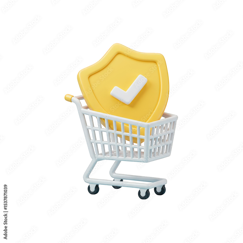 Poster shopping cart with yellow shield checkmark isolated on transparent background