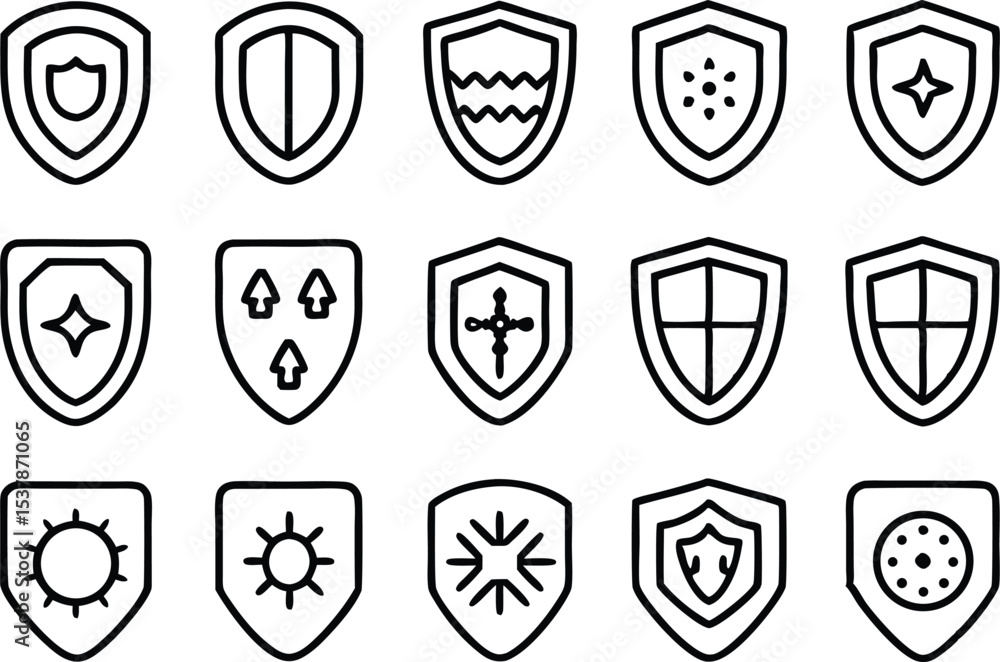 Poster protective wards outline icon set for safety and security applications isolated on transparent backg