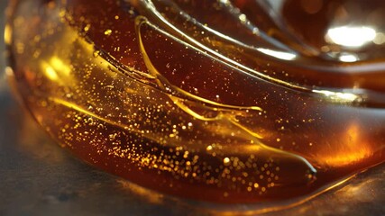 Beautiful golden honey resin flowing gently on a surface in a warm light - Powered by Adobe