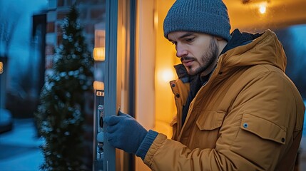 Man in Winter Jacket Opens Door at Home during Cold Evening  Enjoying Cozy Winter Atmosphere near Decorated Tree, silhouette