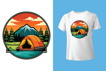 Outdoor adventure badge set featuring camping quotes and forest illustrations. Perfect for t-shirt designs, stickers, travel gear, or hiking-themed merchandise.