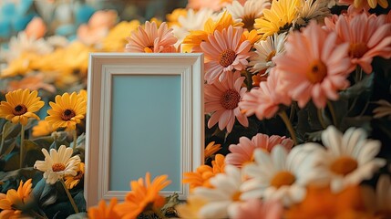 A rustic white frame rests amidst a vibrant profusion of orange yellow and peach daisies creating a charming floral arrangement perfect for spring summer or wedding themes