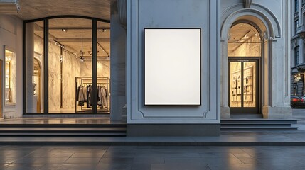 Elegant Boutique Store Front with Blank Billboard Sign Advertising Space Luxury Retail Fashion Display Window Night Cityscape
