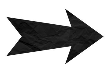 Black crumpled paper arrow isolated on transparent background.
