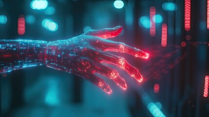 Futuristic Robotic Hand Reaching Out in a Neon Cyberspace Setting Exploring Technology Artificial Intelligence and Digital Worlds, silhouette